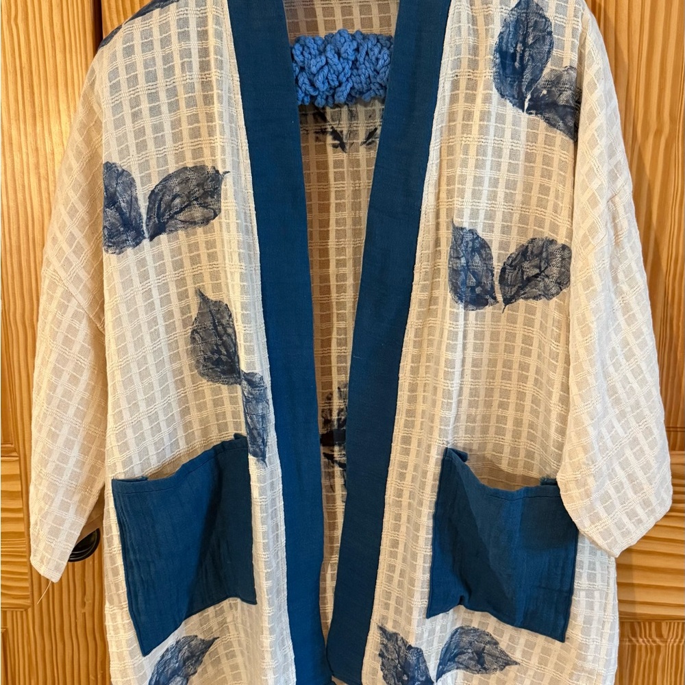 One of a kind -Handmade Blue and Cream Women's Kimono Jacket